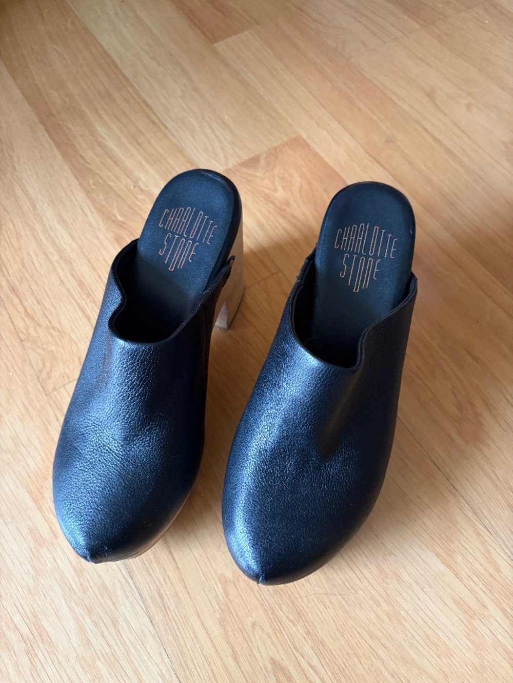 Charlotte Stone Black Leather Clog Mules with Natural Wood Heel